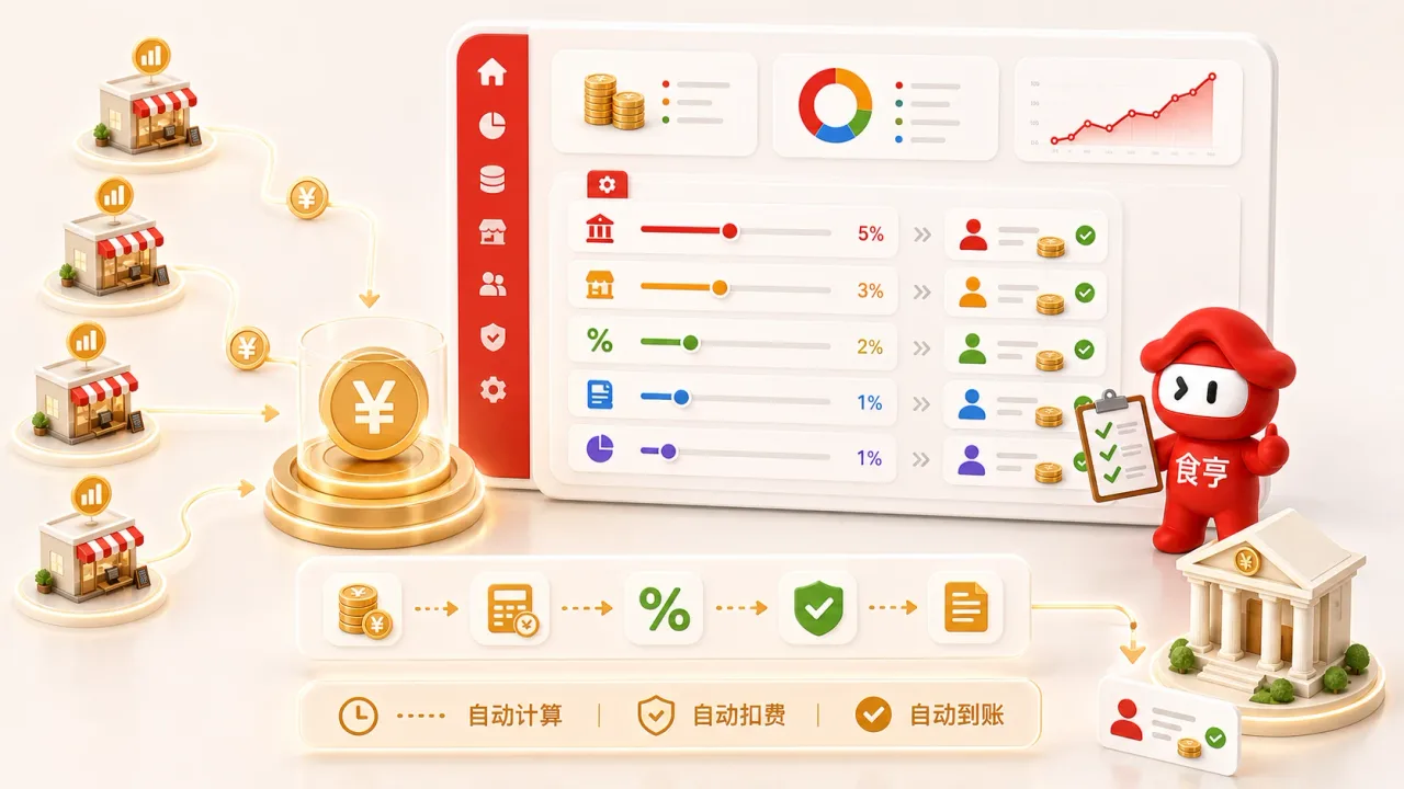食亨分账系统管理费规则化计算场景，门店收入进入资金池后按规则自动计算管理费