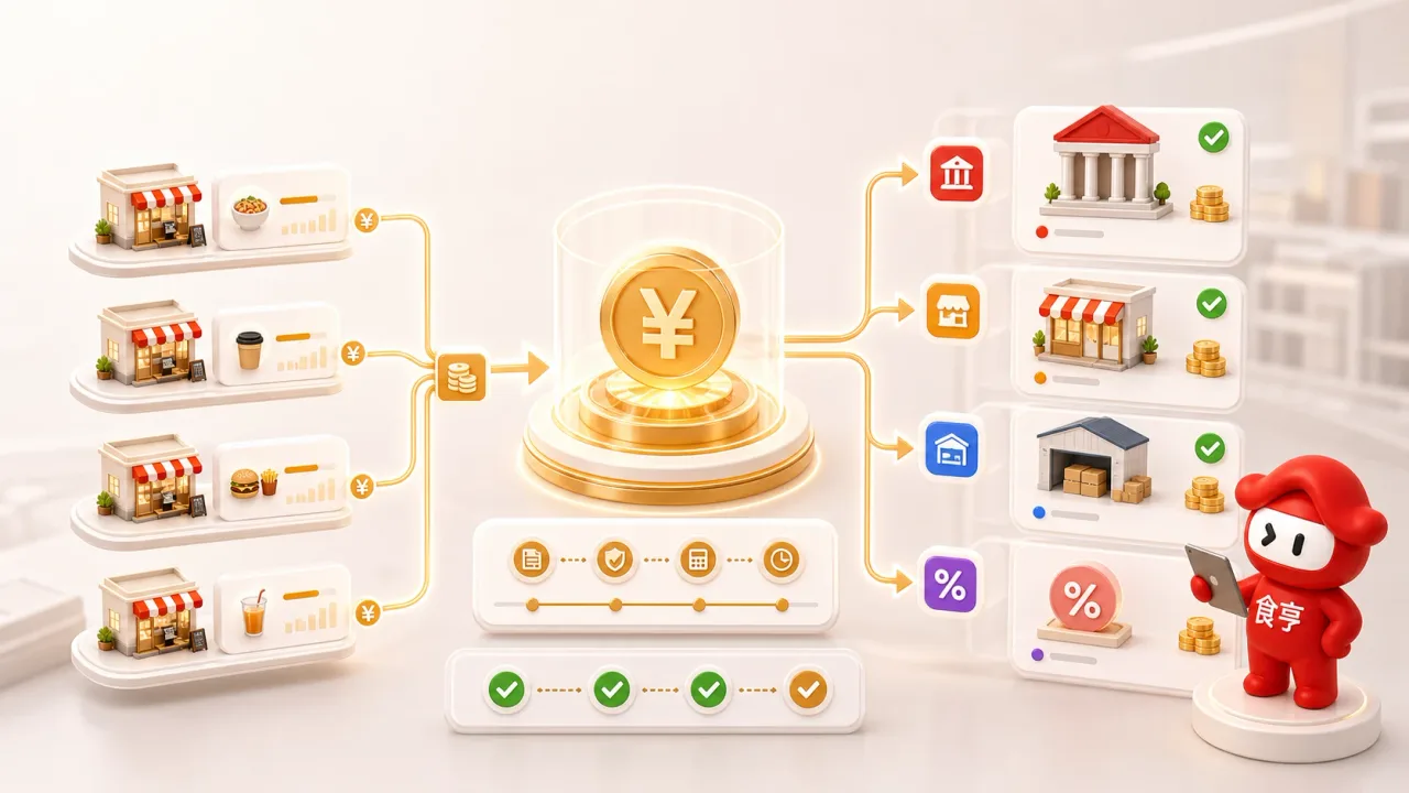 食亨分账系统货款与费用归属清晰场景，资金流向总部门店供应商和费用账户